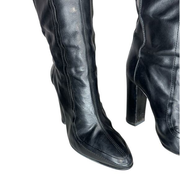 Alexander Wang Knee High Black Leather Boots Point Toe Stacked Heel Size 9 - Picture 6 of 11